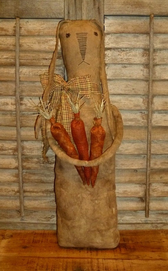 Large Primitive Easter Bunny Rabbit w/Carrots - grungy & rag stuffed