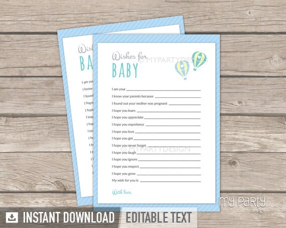 Wishes for Baby Card  Hot Air Balloon Boy Baby Shower Game  Blue and Green  INSTANT DOWNLOAD 