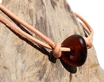 Hawaiian Amber Brown Beach Glass on India Leather Cord Completely Adjustable & Stackable Bracelet