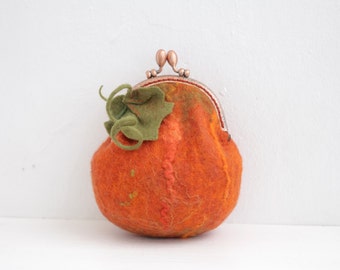 Pumpkin, hand felted purse for cosmetics, phone or money