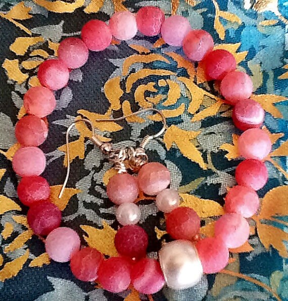 Pink Dragon Vein Agate Stone Bracelet w/ Euro Glass Pearl