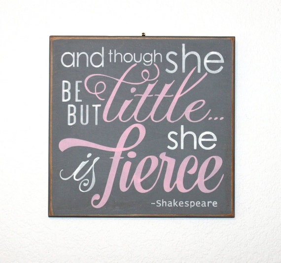And though she be but little ... she is fierce - Hand Painted Wooden Sign - 12 x 12 - pink and gray - Girl's room - Nursery - Baby Girl