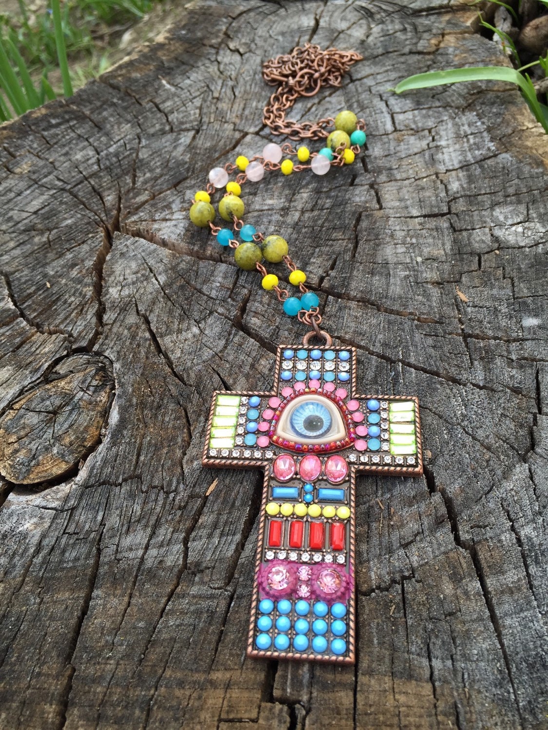 Large colorful cross necklace by WakeUpSandy on Etsy