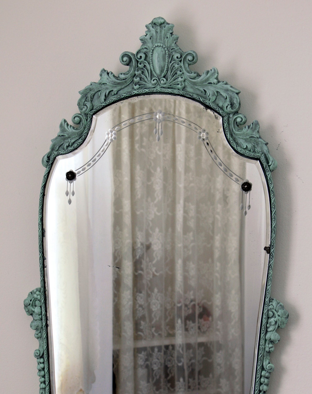 Antique Etched Mirror Aqua Victorian Mirror Carved Wood