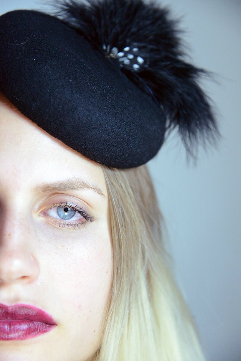 Black Cocktail Hat With Feather Cocktail Hat in Wool Felt