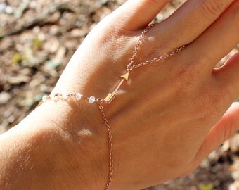 Rose Gold Arrow Slave Bracelet with Moonstone Accents - Moonstone Rose Gold Hand Chain - Gemstone Slave bracelet