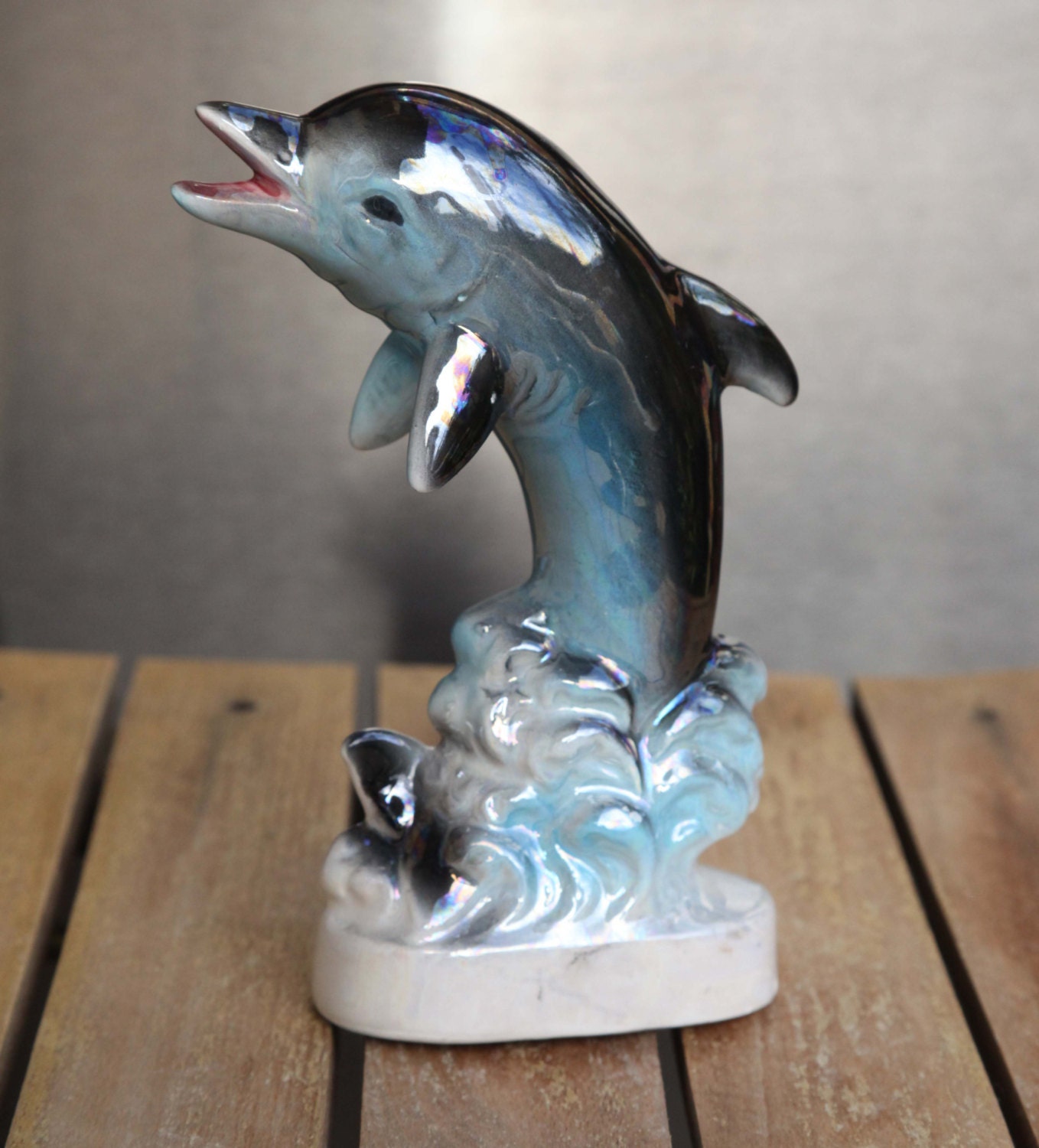50s Ceramic Dolphin Figurine Iridescent Pearized Blue Black