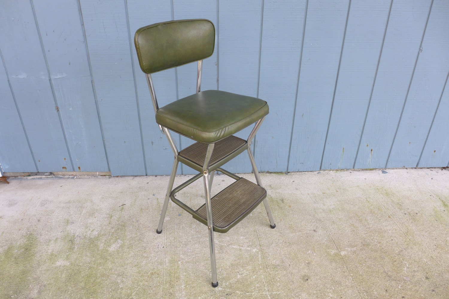 Vintage Cosco Kitchen Step Stool Chrome and Green Metallic Upholstered ...