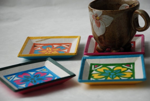 Square Hanji Paper Coasters Traditional Flower Design Handmade Zen Decor Hostess Gift Asian Decor (Set of 4)