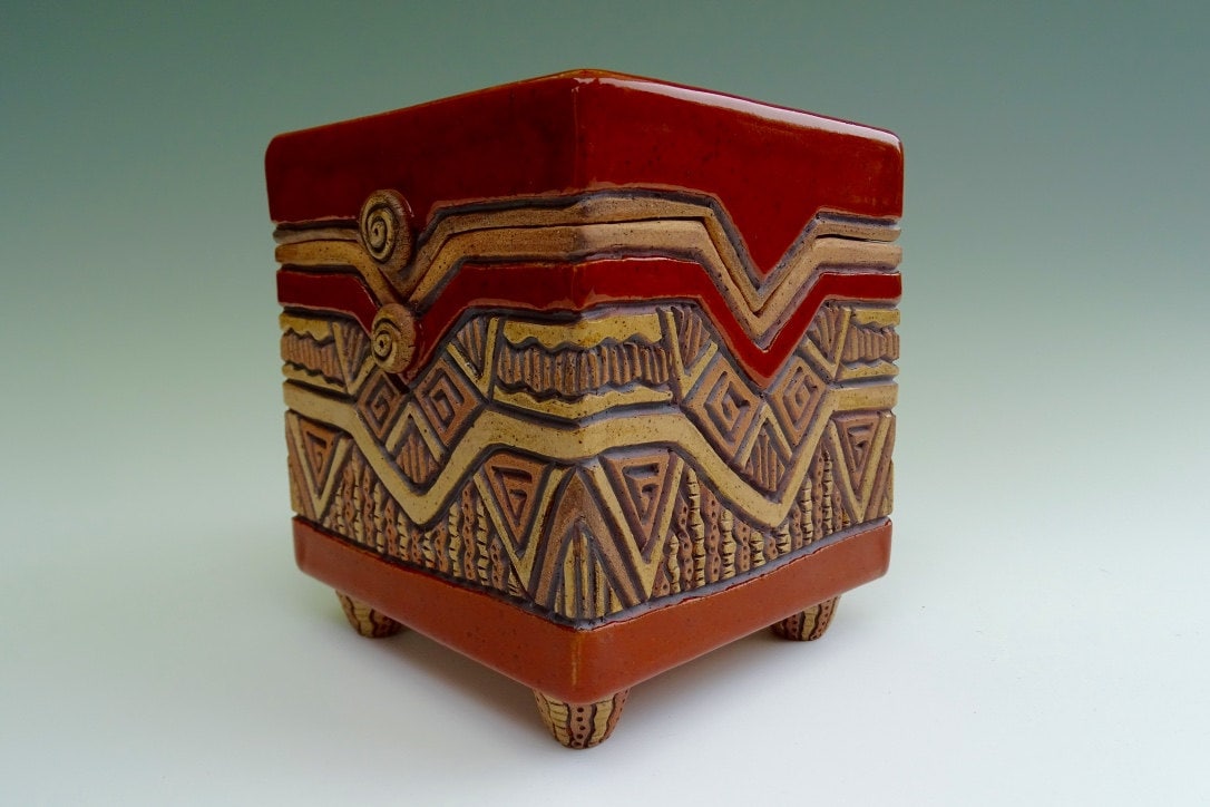 Aztec Lidded Slab Pottery Box Hand Built Hand Carved
