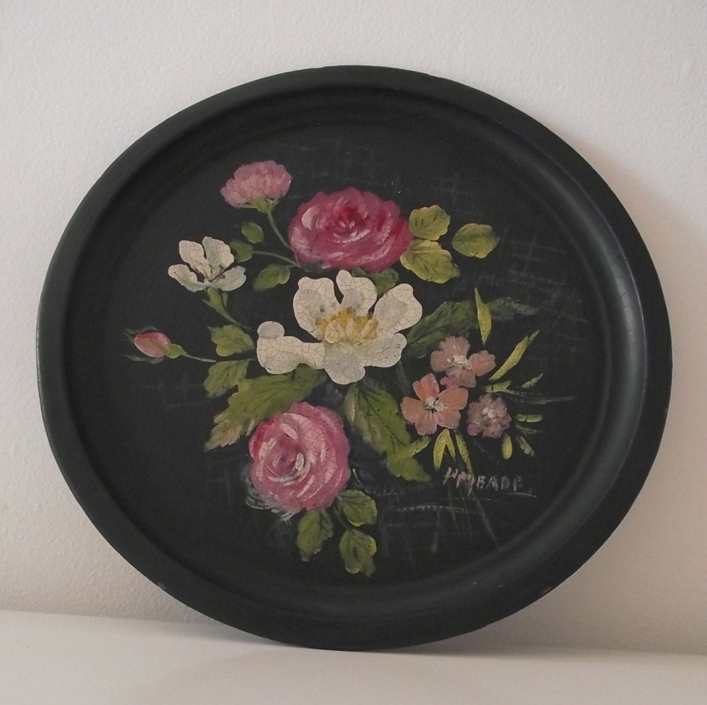 Vintage GREEN Hand Painted FLORAL TRAY Haute Juice