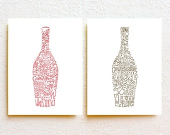 Set of 2 Wine Bottle Kitchen Art Print, Typography Illustration Red and White Wine Wall Decor, gift for wine lover, minimalist art prints