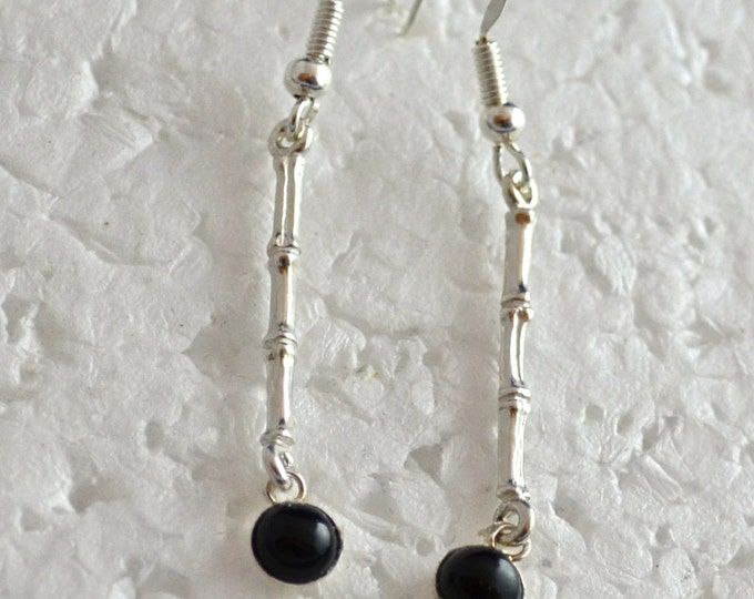 Onyx Dangle Earrings, 5mm Round, Natural, Set in Sterling Silver E664