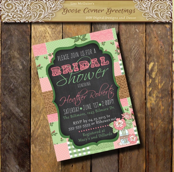 Printable Mason Jar Quilt Chalkboard Bridal Shower Invitation Burlap