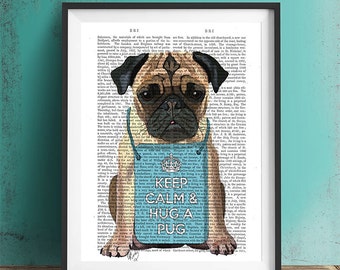 Hug a Pug Dictionary Print - Original Illustration Art Print Mixed Media Animal Painting pug illustration gift pug lover pug portrait poster
