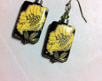 Handmade Paper Decoupage Yellow Tropical Flower Dangle Earrings with Swarovski Crystal Bicone Bead and Pyrite Rondelle