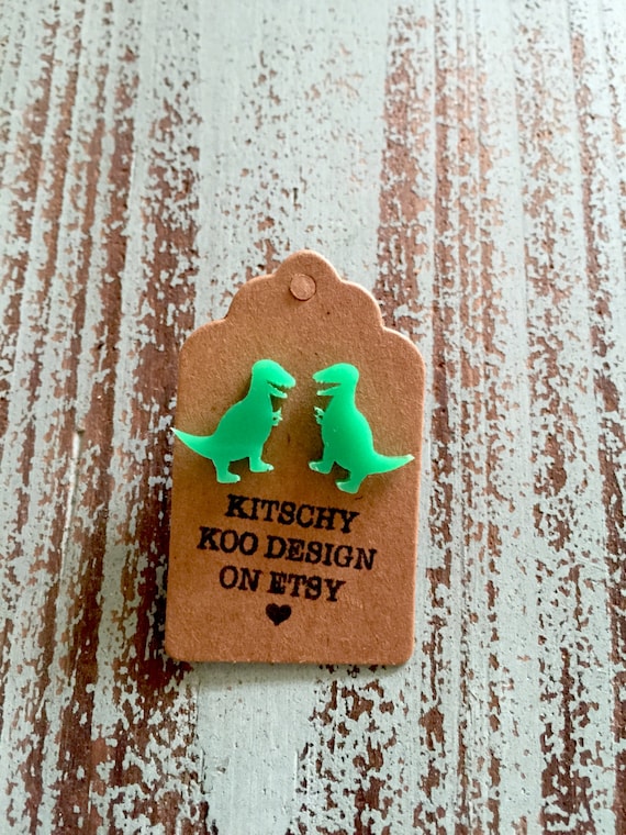 T-Rex Dinosaur Earrings. Green Acrylic Studs on Surgical Steel Posts.