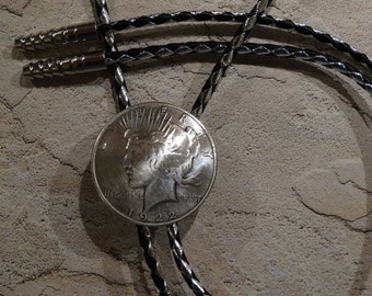Peace Dollar (Front Lady Liberty Side) Bolo Tie - Dressy Silver and Black Cord - Silver Finish Tips