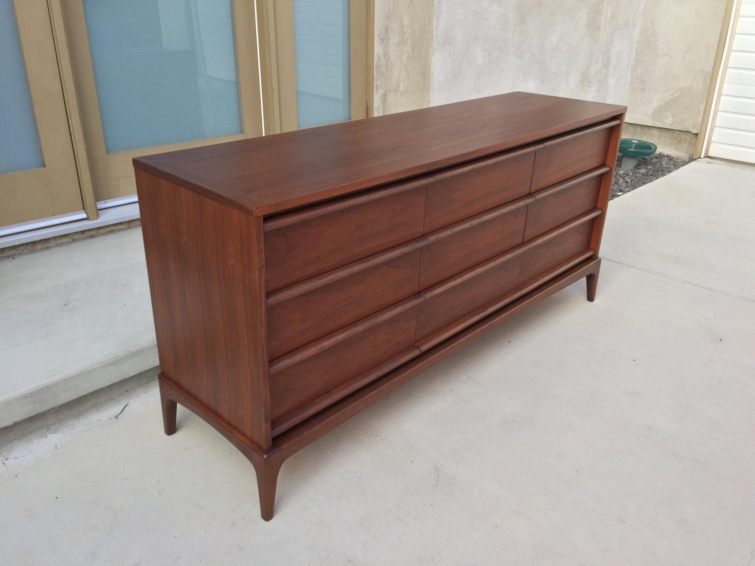 Mid Century Lane Rhythm Walnut Triple 9 Drawer Long Dresser