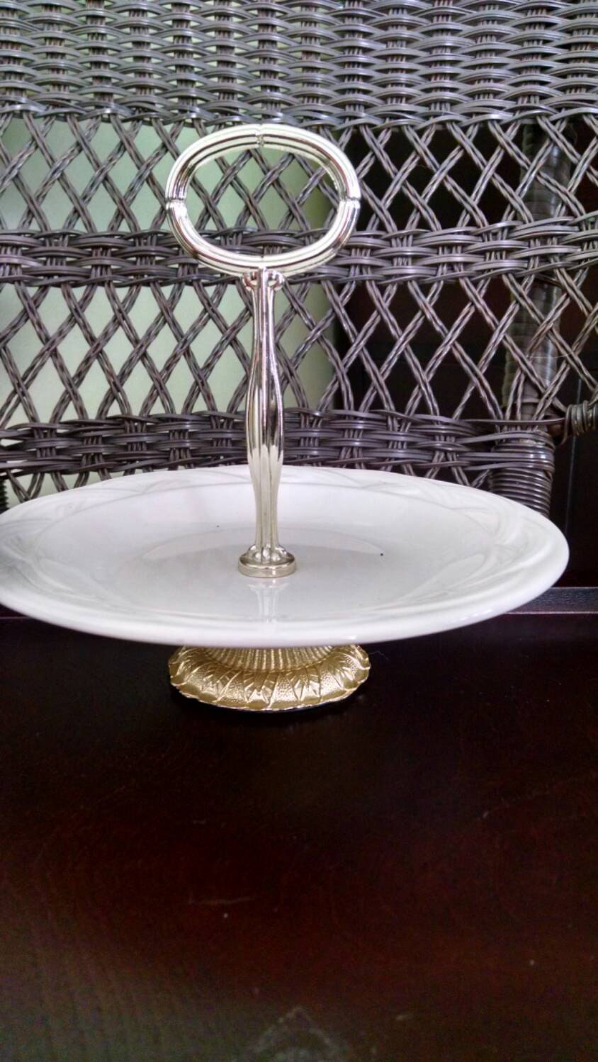 VINTAGE SERVING PLATTER with Center Handle Gold Finish Haute Juice