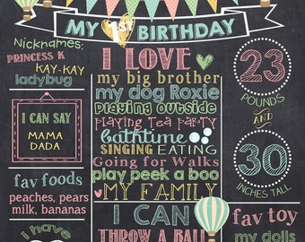 Hot Air Balloon First Birthday Chalkboard Poster - Balloon Birthday Chalk Board Sign - Printable Photo Prop