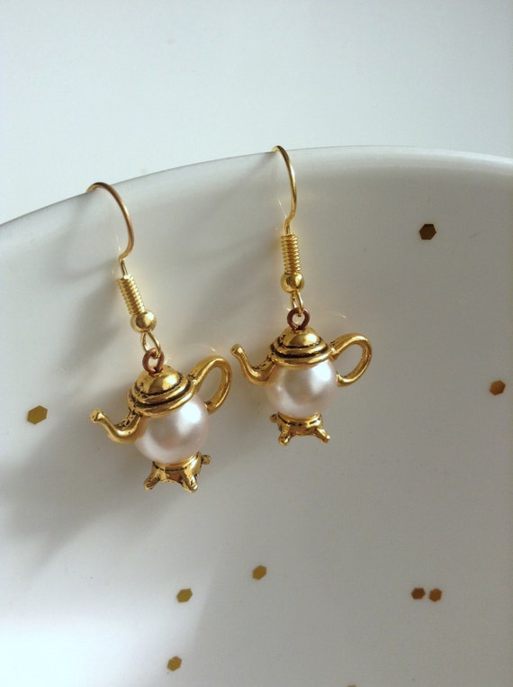 Items similar to Antique Gold Teapot Earrings, Handmade Elegant Jewelry, Christmas gift, gift