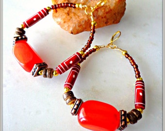 Tribal Hoop Earrings, Amber Earrings, Large Earrings, African Jewelry, Ethnic Jewelry