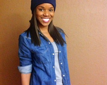 Cute Headband Chemo Hat with Hair Attached Women's Soft Stretch Polyester Chemo Cap Alopecia Head Scarf for Women in Navy by AttachNWrap