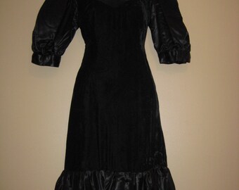 Black Velvet Dress With Satin Puff Sleeves And Satin Ruffled Bottom