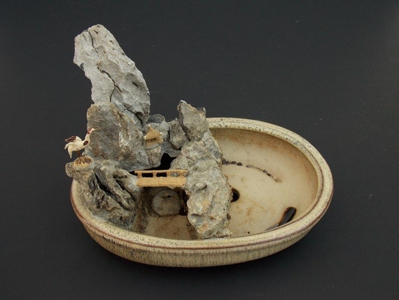 Vintage Penjing  Saikei Bonkei Bonsai  Pot  Rock Mountain Crane