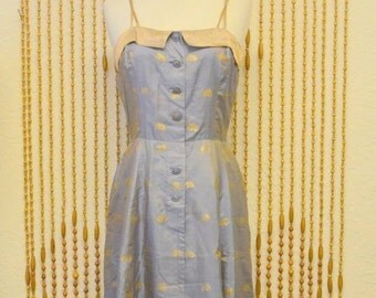1950s VIntage Periwinkle Silk Gold Sheen Elephant Print Dress