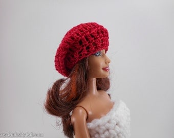 Fashion Doll Slouchy Beanie Hat ©, Barbie Clothes, Red, Hand Crocheted to fit a Barbie or Ken Doll (this is not a Mattel product)