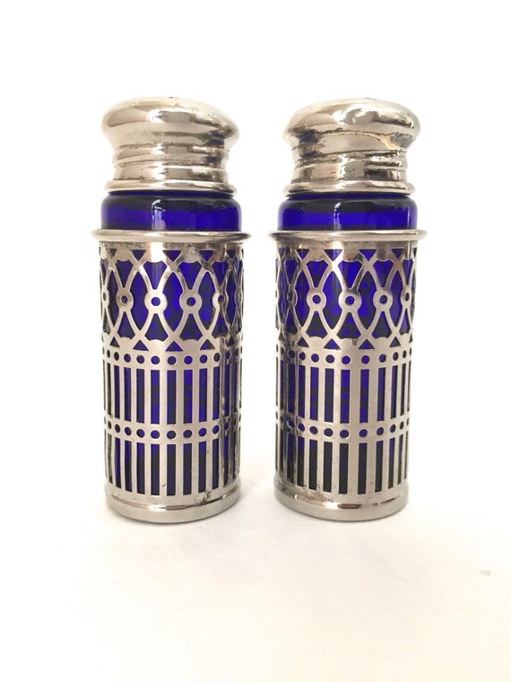 Cobalt Blue and Silver Plated Vintage Glass Salt and Pepper