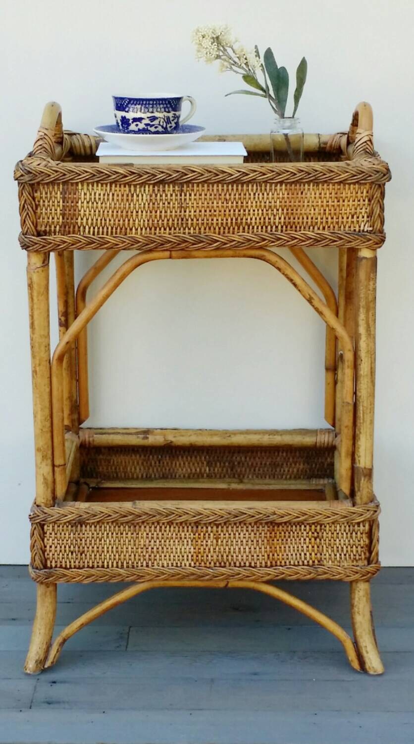 Vintage Rattan Tray Table Shelf Wicker Side Table Bamboo Side