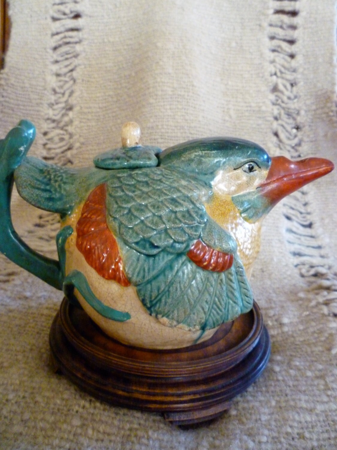 Decorative Tea Pot Stoneware Bird Tea Pot Teal Feathers