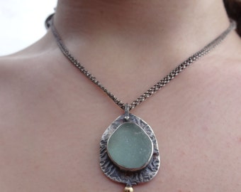 Items similar to Sea Glass Pale Sea Foam Pendant with Filigree Bell Cap