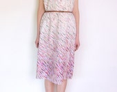 70's ruffled dress, brush strokes white, violet, pink, beige and black apron ruffle detail long pinafore dress old fashioned maxi midi dress