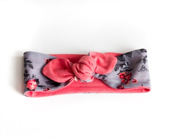 Baby/toddler knotted jersey reversible headband - Gray and coral floral