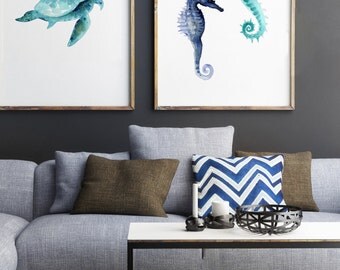 Set of 2, Sea Turtle & Seahorse, Watercolor Minimalist Painting, Oceanic life Home Decor, Oceanic Creatures Poster, Blue Nautical Art Prints