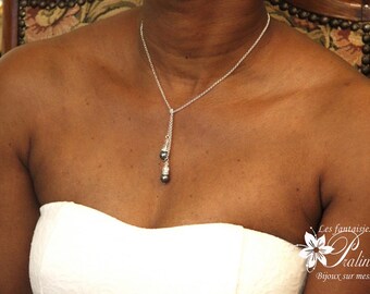 Collier de mariage écharpe à nouer perles grises en cristal et strass, bijoux de mariées - Bridal lariat necklace with pearls and crystal