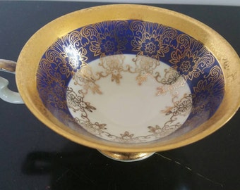 Vintage Schirnding Bavaria Footed Porcelain Cup Cobalt Blue With Gold