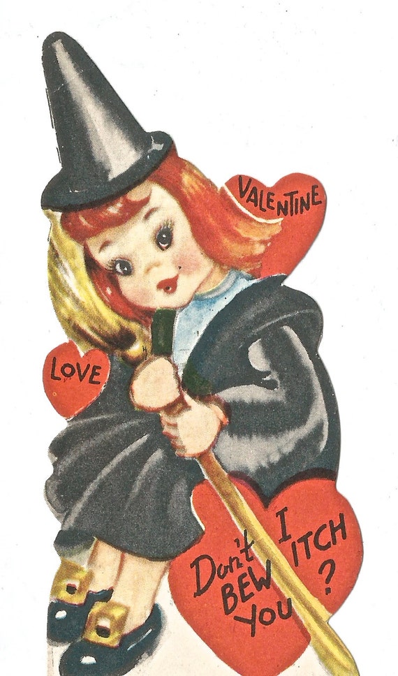 Vintage Valentine card cute witch digital download printable