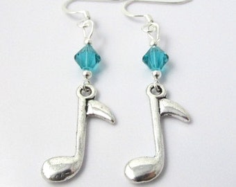 Music Note Earrings- choose a bead, Music Note Jewelry, Music Earrings, Music Jewelry, Music Birthstone, Music Gift, Music Charm Jewelry