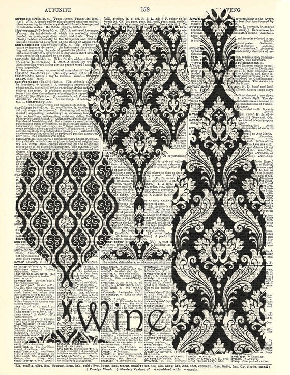 Wine Damask art print. Vintage dictionary page art print.