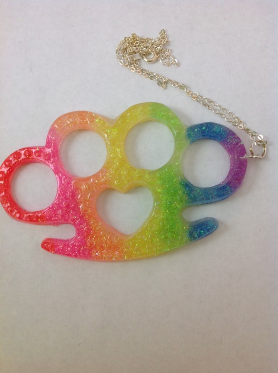 Rainbow Brass Knuckles Glitter Statement necklace kitsch