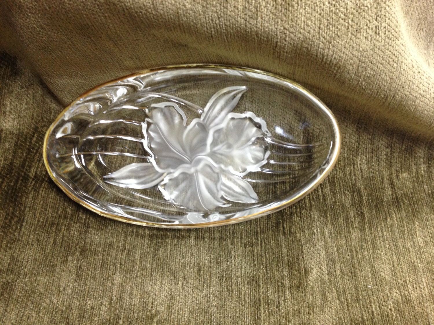 Oval Crystal Glass Dish with Gold Trim Mikasa Frosted Floral