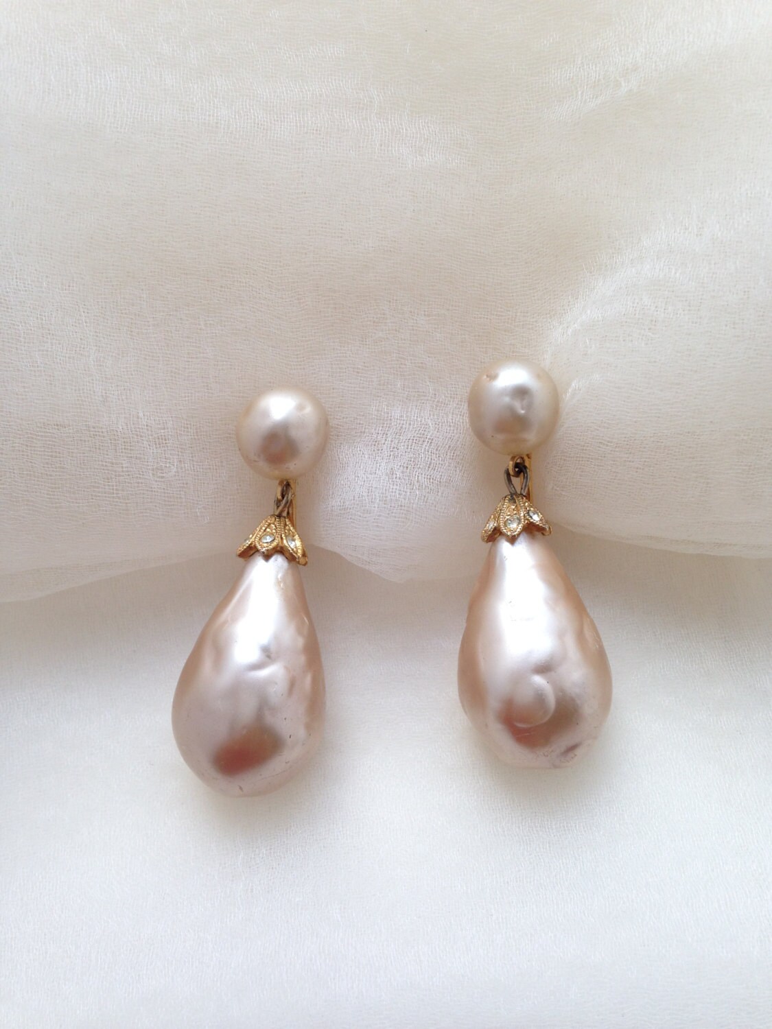 Vintage Richelieu Earrings Baroque Faux Pearl with Rhinestones