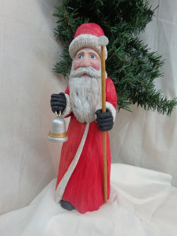 Hand carved wood Old World Santa with staff and bell wood