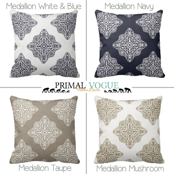 Zippered Medallion Throw Pillow Cover Navy White Taupe Tan