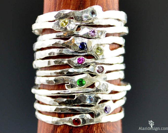 Thin Freeform Birthstone Rings, Mother's Ring, Stacking Ring, Hammered Ring, Mom Ring, Alari, Mothers Ring, Gemstone Ring, Small Stone Ring